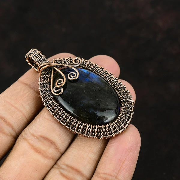 Labradorite Oval Blue Handmade Copper Wire Wrapped Pendant