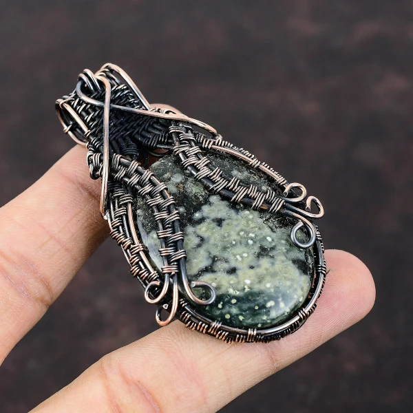 Ocean Jasper Oval Green Handmade Copper Wire Wrapped Pendant