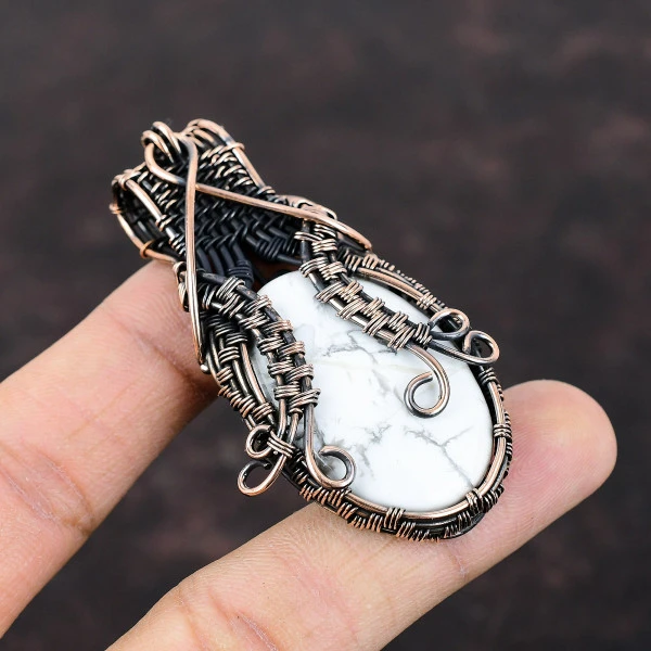 Howlite Oval White Handmade Copper Wire Wrapped Pendant