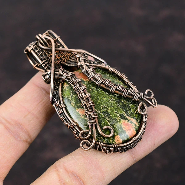 Unakite Oval Green Handmade Copper Wire Wrapped Pendant
