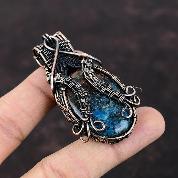Watermelon Tourmaline Oval Blue Handmade Copper Wire Wrapped Pendant