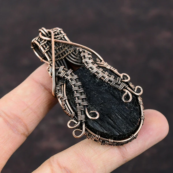Black Tourmaline Rough Oval Black Handmade Copper Wire Wrapped Pendant