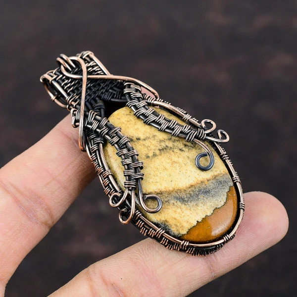 Picture Jasper Oval Yellow Handmade Copper Wire Wrapped Pendant