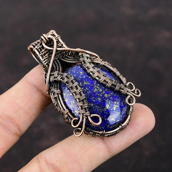 Lapis Lazuli Oval Blue Handmade Copper Wire Wrapped Pendant
