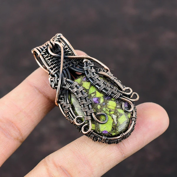 Copper Stichtite Oval Green Handmade Copper Wire Wrapped Pendant