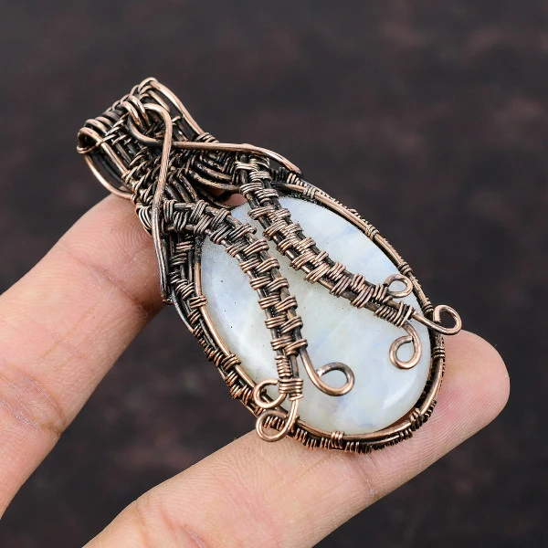 Rainbow Moonstone Oval White Handmade Copper Wire Wrapped Pendant