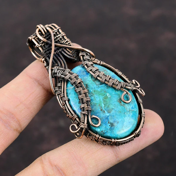 Chrysocolla Oval Blue Handmade Copper Wire Wrapped Pendant