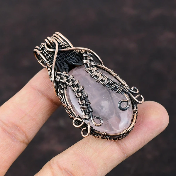 Rose Quartz Oval Pink Handmade Copper Wire Wrapped Pendant