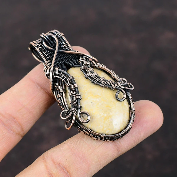 Fossil Coral Oval Yellow Handmade Copper Wire Wrapped Pendant