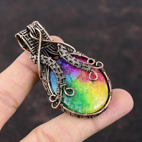 Rainbow Solar Quartz Druzy Oval Yellow Handmade Copper Wire Wrapped Pendant