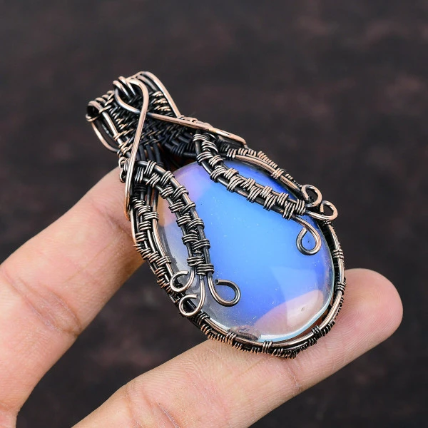Milky Opal Oval White Handmade Copper Wire Wrapped Pendant