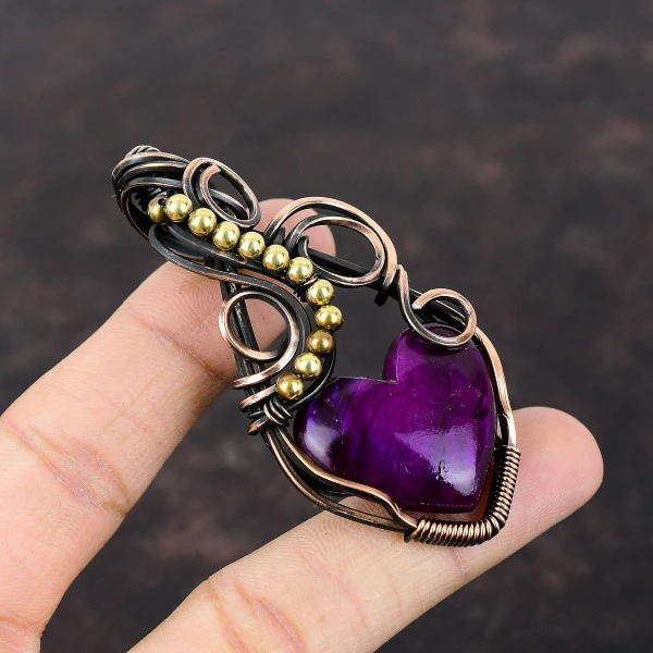 Purple Fire Labradorite Heart Purple Handmade Copper Wire Wrapped Pendant