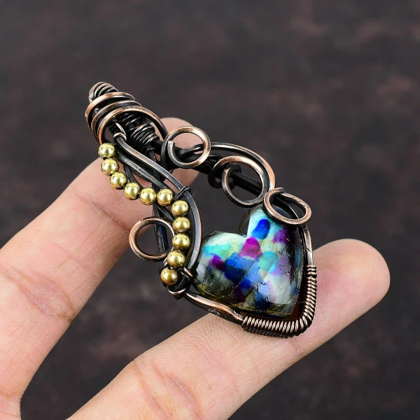 Multi Fire Labradorite Heart Blue Handmade Copper Wire Wrapped Pendant