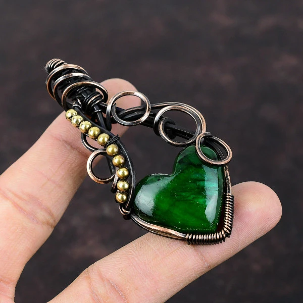 Dark Green Fire Labradorite Heart Green Handmade Copper Wire Wrapped Pendant