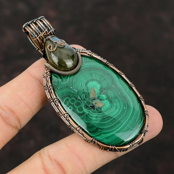 Malachite Oval Green Handmade Copper Wire Wrapped Pendant