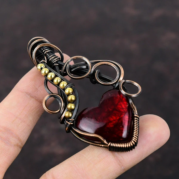 Red Fire Labradorite Heart Red Handmade Copper Wire Wrapped Pendant