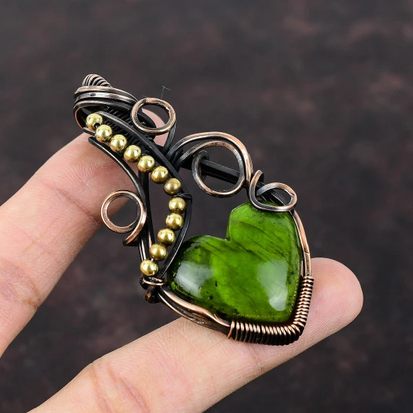 Green Fire Labradorite Heart Green Handmade Copper Wire Wrapped Pendant