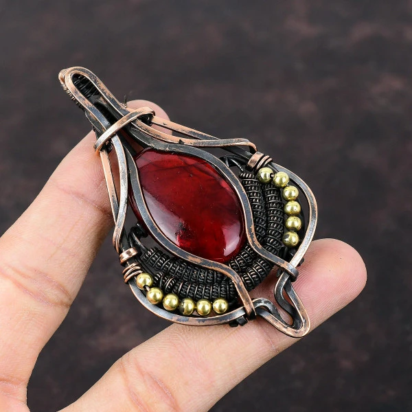 Red Fire Labradorite Oval Red Handmade Copper Wire Wrapped Pendant