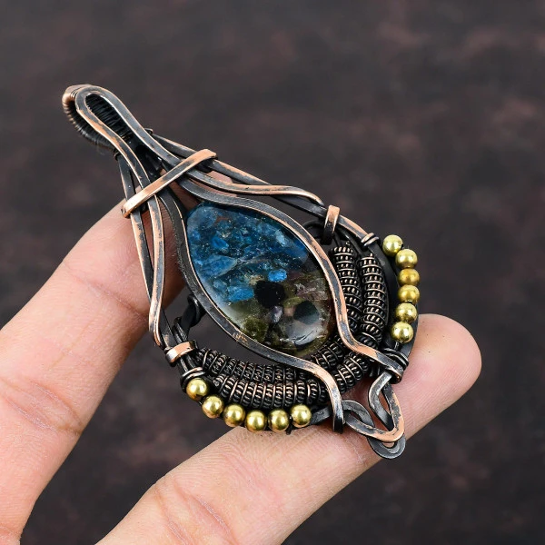 Watermelon Tourmaline Oval Blue Handmade Copper Wire Wrapped Pendant