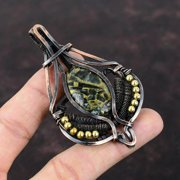 Copper Seraphinite Oval Green Handmade Copper Wire Wrapped Pendant