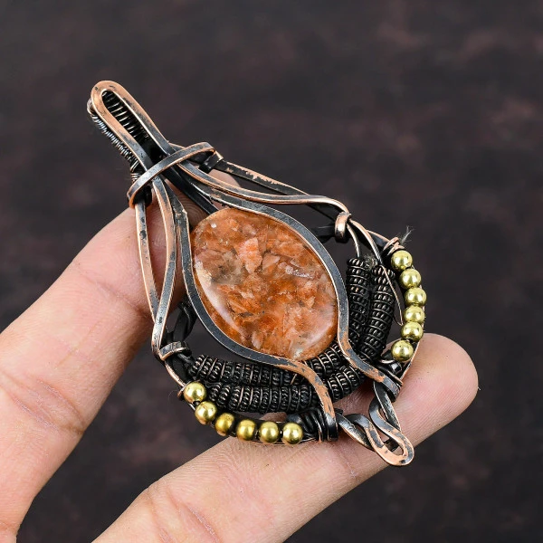 Sunstone Oval Orange Handmade Copper Wire Wrapped Pendant