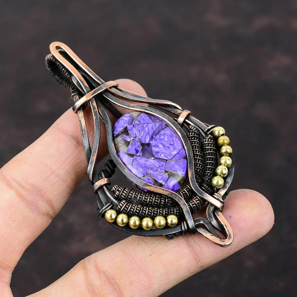 Copper Charoite Oval Purple Handmade Copper Wire Wrapped Pendant