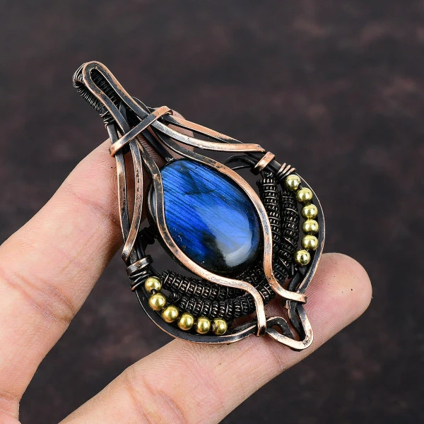 Labradorite Oval Gray Handmade Copper Wire Wrapped Pendant