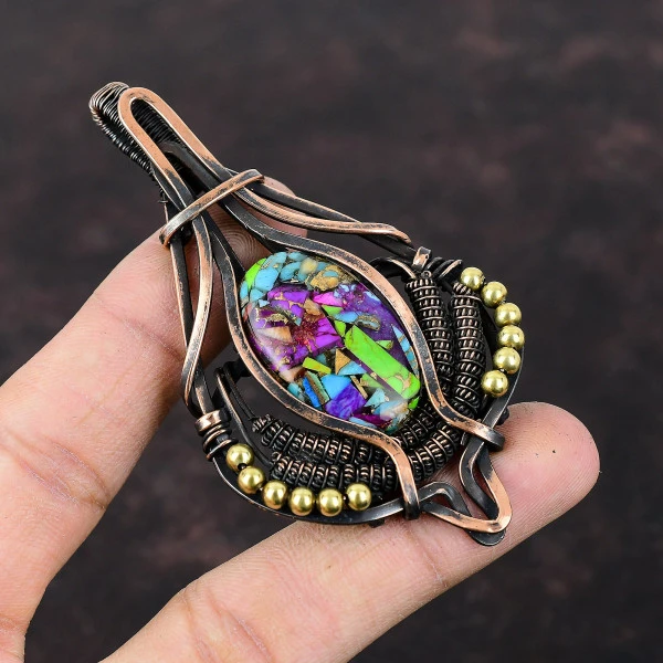 Copper Multi Turquoise Oval Blue Handmade Copper Wire Wrapped Pendant