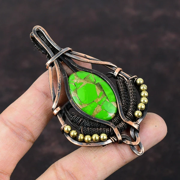 Copper Green Turquoise Oval Green Handmade Copper Wire Wrapped Pendant
