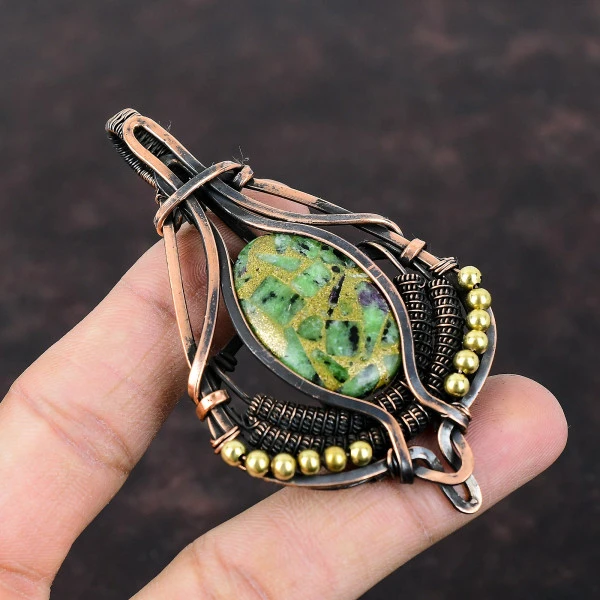 Copper Ruby Zoisite Oval Green Handmade Copper Wire Wrapped Pendant