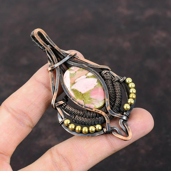 Copper Pink Opal Oval Pink Handmade Copper Wire Wrapped Pendant