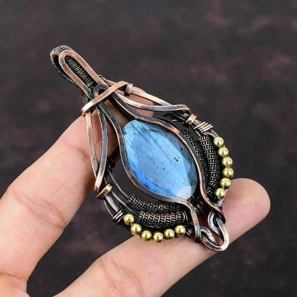 Labradorite Oval Gray Handmade Copper Wire Wrapped Pendant