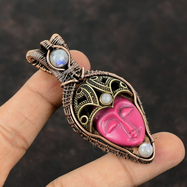 Pink Carved Bone Face Oval Pink Handmade Copper Wire Wrapped Pendant