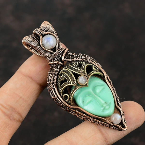 Green Carved Bone Face Oval Green Handmade Copper Wire Wrapped Pendant
