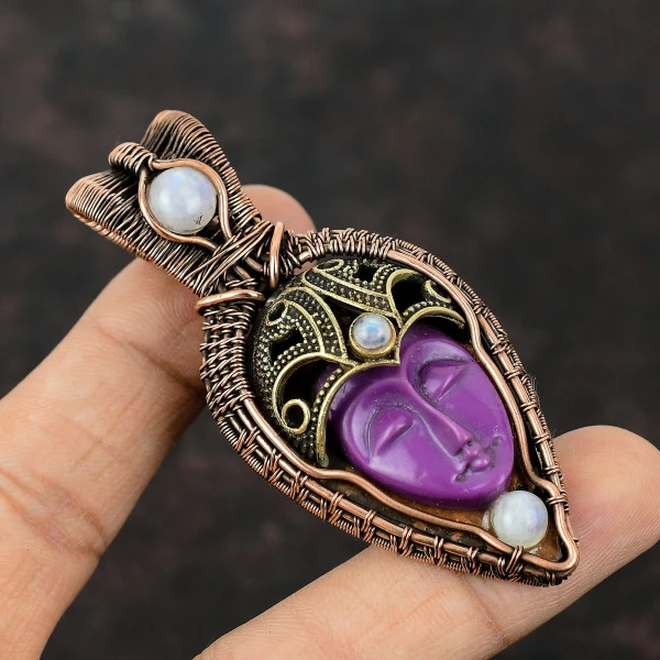 Purple Carved Bone Face Oval Purple Handmade Copper Wire Wrapped Pendant