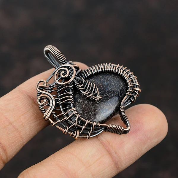 Dinosaur Bone Oval Red Handmade Copper Wire Wrapped Pendant