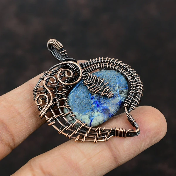 Azurite Malachite Oval Blue Handmade Copper Wire Wrapped Pendant