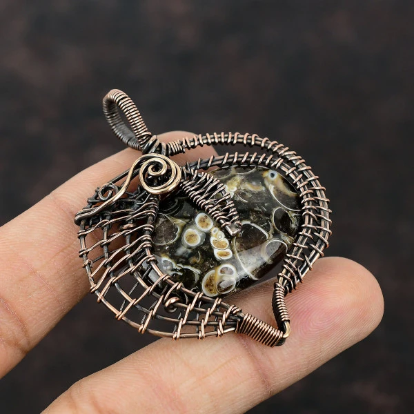 Turritella Agate Oval Brown Handmade Copper Wire Wrapped Pendant