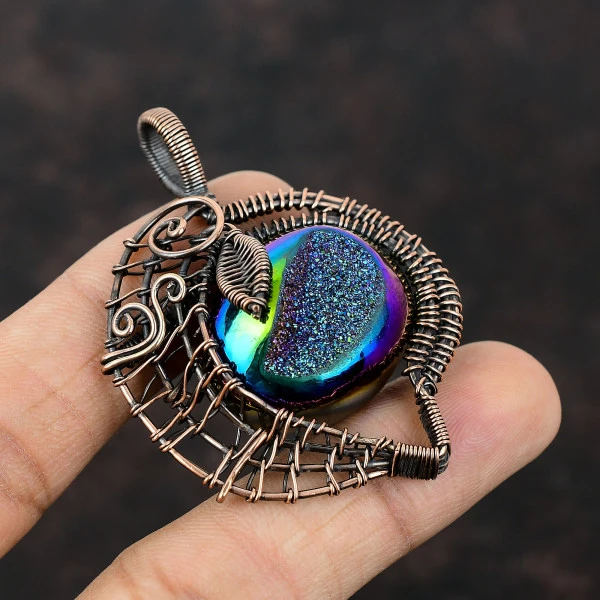 Titanium Druzy Oval Blue Handmade Copper Wire Wrapped Pendant