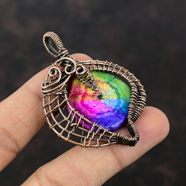 Rainbow Solar Quartz Druzy Pentagon Pink Handmade Copper Wire Wrapped Pendant