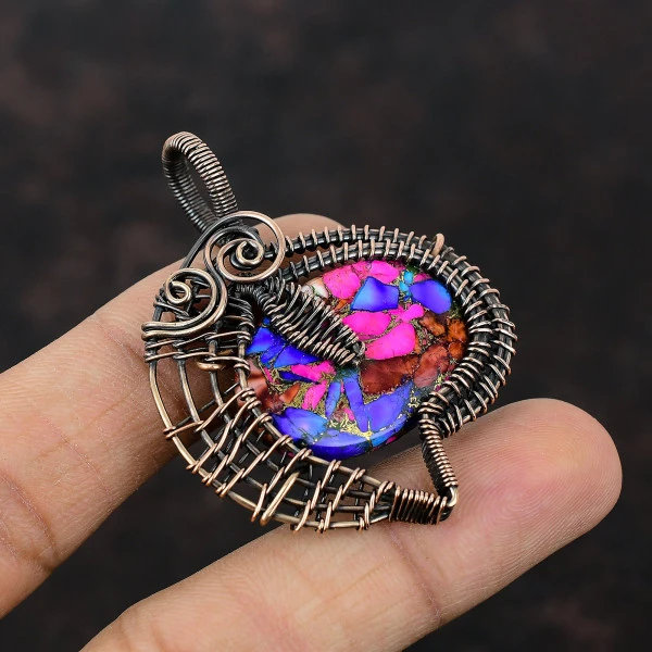 Natural Kingman Pink Dahlia Turquoise Oval Pink Handmade Copper Wire Wrapped Pendant