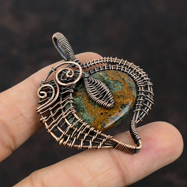 Spessartine Garnet in Limestone Oval Green Handmade Copper Wire Wrapped Pendant