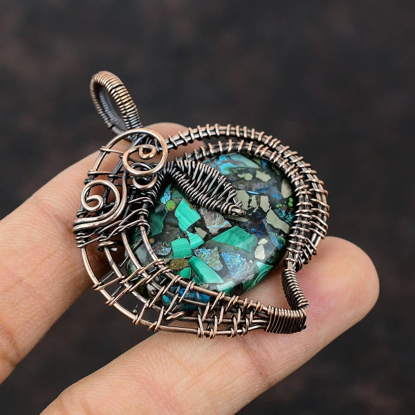 Copper Azurite Malachite Oval Green Handmade Copper Wire Wrapped Pendant