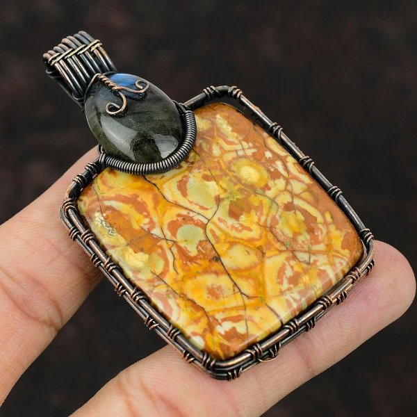 Birds Eye Jasper Radiant Yellow Handmade Copper Wire Wrapped Pendant