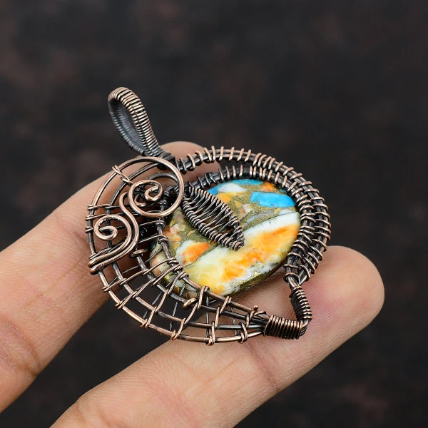 Spiny Oyster Copper Turquoise Oval Orange Handmade Copper Wire Wrapped Pendant