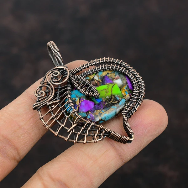 Kingman Fiesta Turquoise Oval Blue Handmade Copper Wire Wrapped Pendant