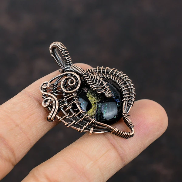 American Dichroic Glass Round Black Handmade Copper Wire Wrapped Pendant