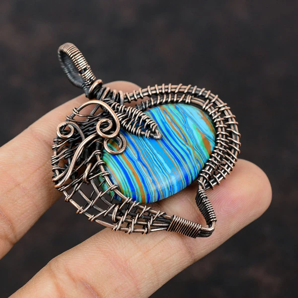 Rainbow Calsilica Oval Blue Handmade Copper Wire Wrapped Pendant