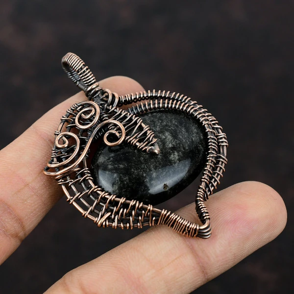 Silver Sheen Obsidian Oval Black Handmade Copper Wire Wrapped Pendant