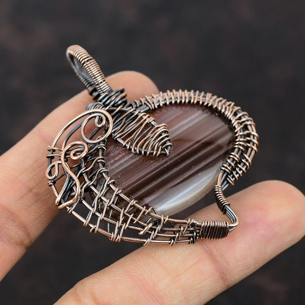 Botswana Agate Oval Brown Handmade Copper Wire Wrapped Pendant